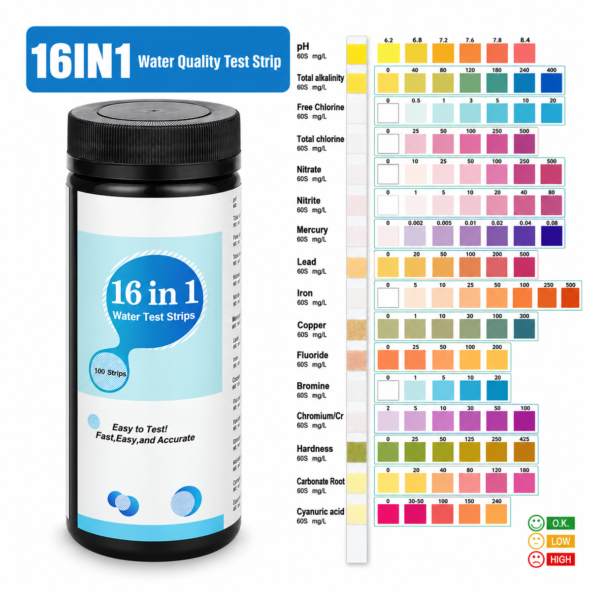 16-in-1 Water Quality Test Strips – 50 Pack