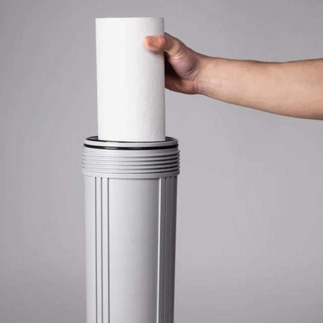 Ecosoft Aquapoint XL Duo whole house water filter with dual filtration on steel rack for clean water in small homes
