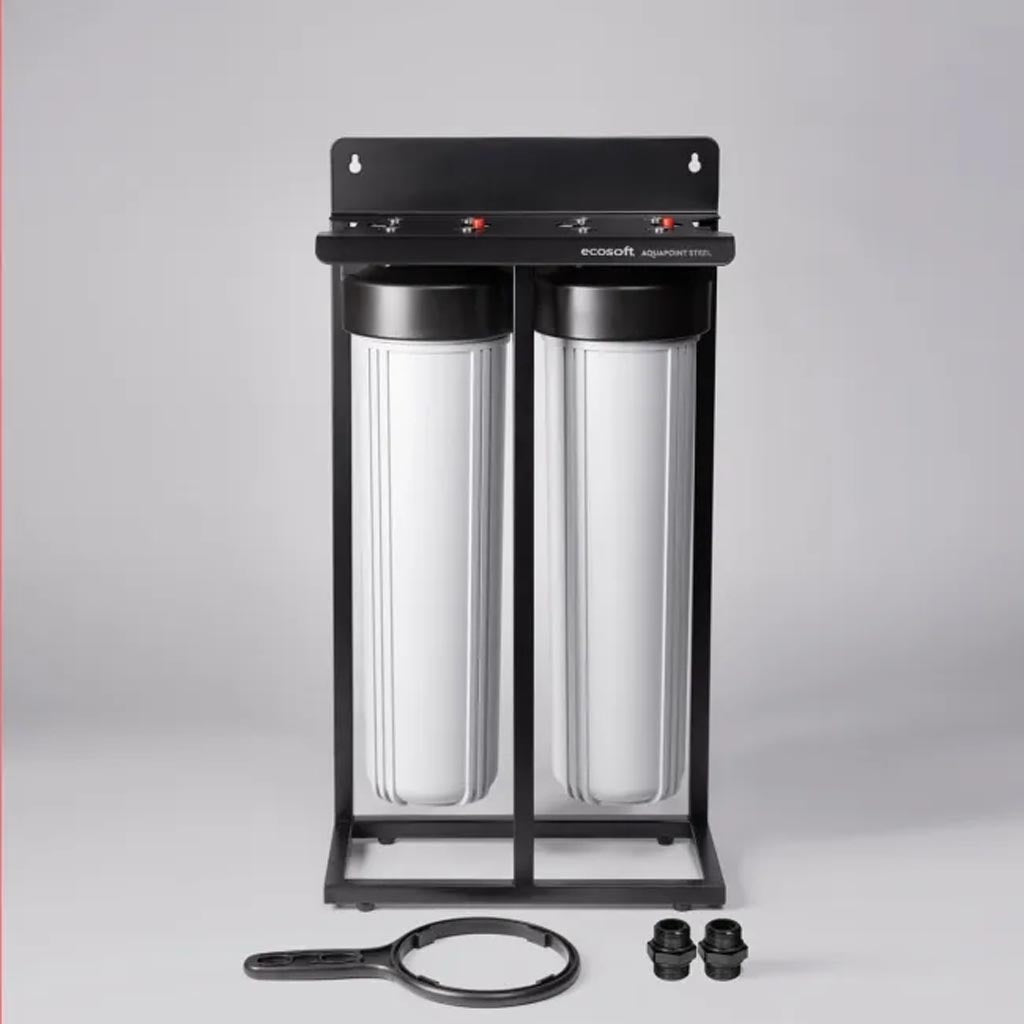Ecosoft Aquapoint XL Duo whole house water filter with dual-filtration system and heavy-duty steel rack for clean water in small homes and cottages
