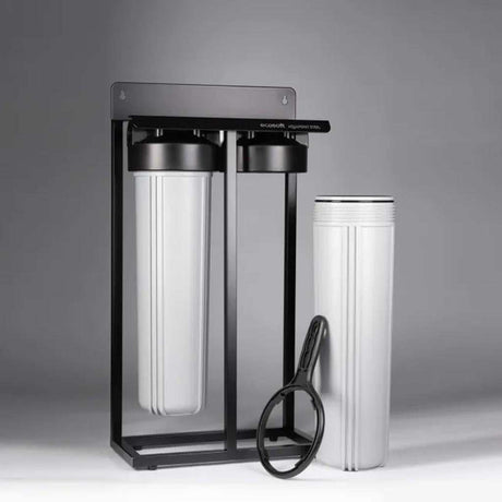 Ecosoft Aquapoint XL Duo whole house water filter with dual filtration and heavy-duty steel rack installed