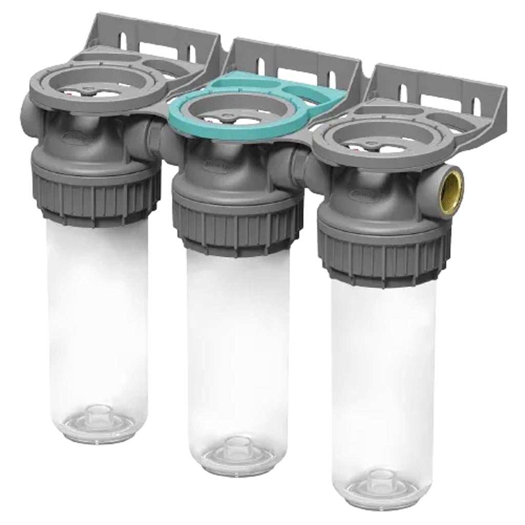 Ecosoft 3P Grey Triplex 10" filter housing with brass ports and triple-stage design for water filtration