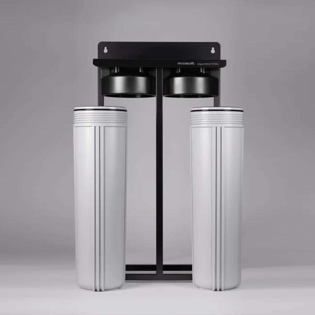 Ecosoft Aquapoint XL Duo whole house water filter with dual filtration and heavy-duty steel rack installed