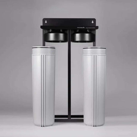 Ecosoft Aquapoint XL Duo whole house water filter with dual filtration and heavy-duty steel rack installed
