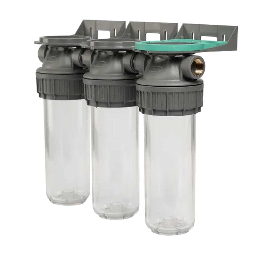 Ecosoft 3P Grey Triplex 10" filter housing with brass ports and triple-stage design for water filtration