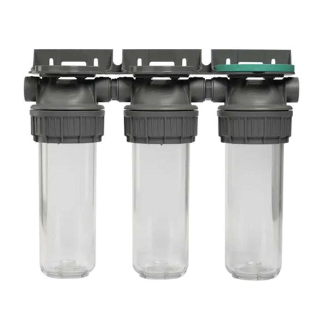 Ecosoft 3P Grey Triplex 10" water filter housing with brass ports and triple filtration design