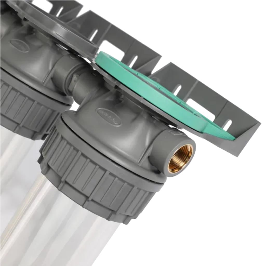 Ecosoft 3P Grey Triplex 10 inch triple water filter housing with brass ports and grey PET construction