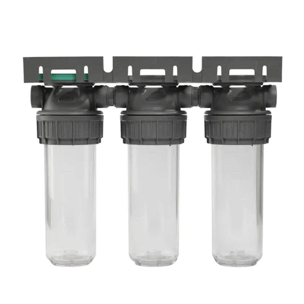 Ecosoft 3P Grey Triplex 10-inch filter housing with brass ports and triple housing design for water filtration