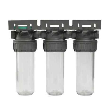 Ecosoft 3P Grey Triplex 10-inch filter housing with brass ports and triple housing design for water filtration