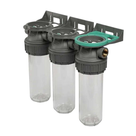 Ecosoft 3P Grey Triplex 10 inch filter housing with brass ports and triple-stage design