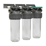Ecosoft 3P Grey Triplex 10-inch filter housing with brass ports showing triple filtration system