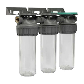 Ecosoft 3P Grey Triplex 10-inch filter housing with brass ports showing triple filtration system