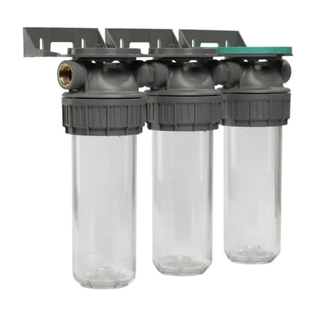 Ecosoft 3P Grey Triplex 10-inch filter housing with brass ports showing triple filtration system