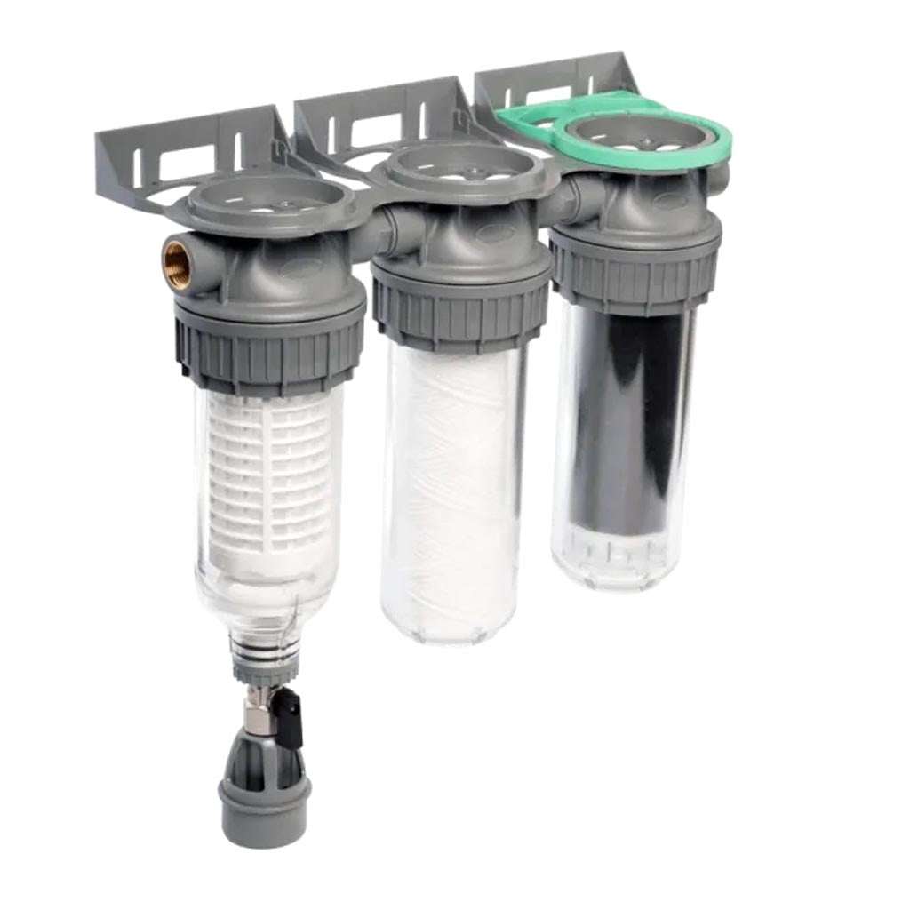 Ecosoft 3P Grey Triplex 10" rainwater filter with flush valve and ¾" brass connection in grey color