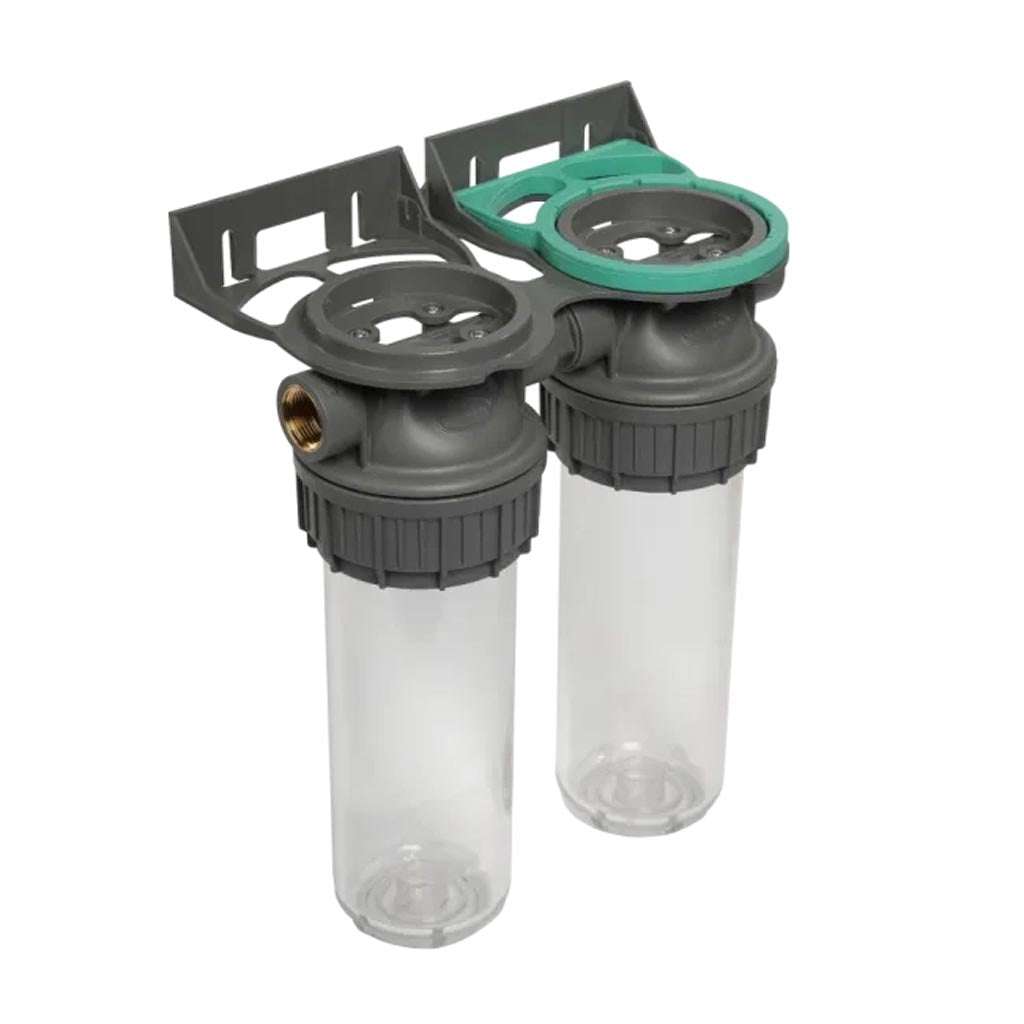 Ecosoft 3P Grey Duplex 10 inch filter housing with brass ports for water filtration system