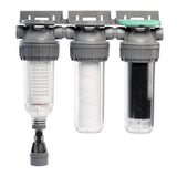Ecosoft 3P Grey Triplex 10-inch rainwater filter with flush valve and ¾ inch brass connection
