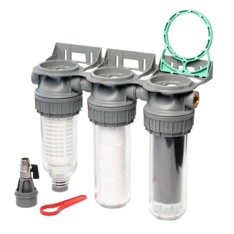 Ecosoft 3P Grey Triplex 10-inch rain water filter with flush valve and ¾ inch brass connection