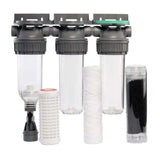 Ecosoft 3P Grey Triplex 10" rain water filter with flush valve and ¾" brass connection for efficient rainwater filtration and conservation