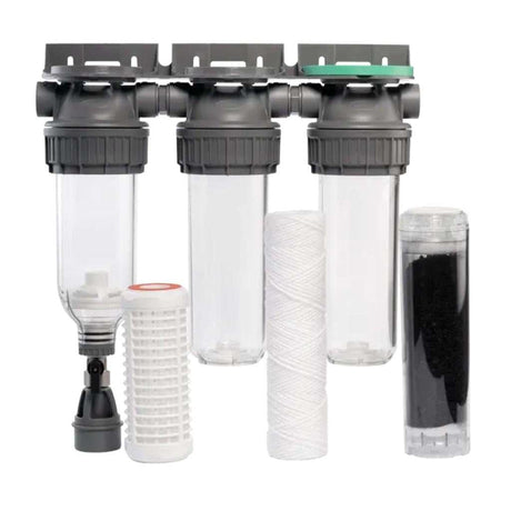 Ecosoft 3P Grey Triplex 10" rain water filter with flush valve and ¾" brass connection for efficient rainwater filtration and conservation