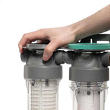 Ecosoft 3P Grey Triplex 10" rainwater filter with flush valve and ¾" brass connection for efficient water filtration and conservation