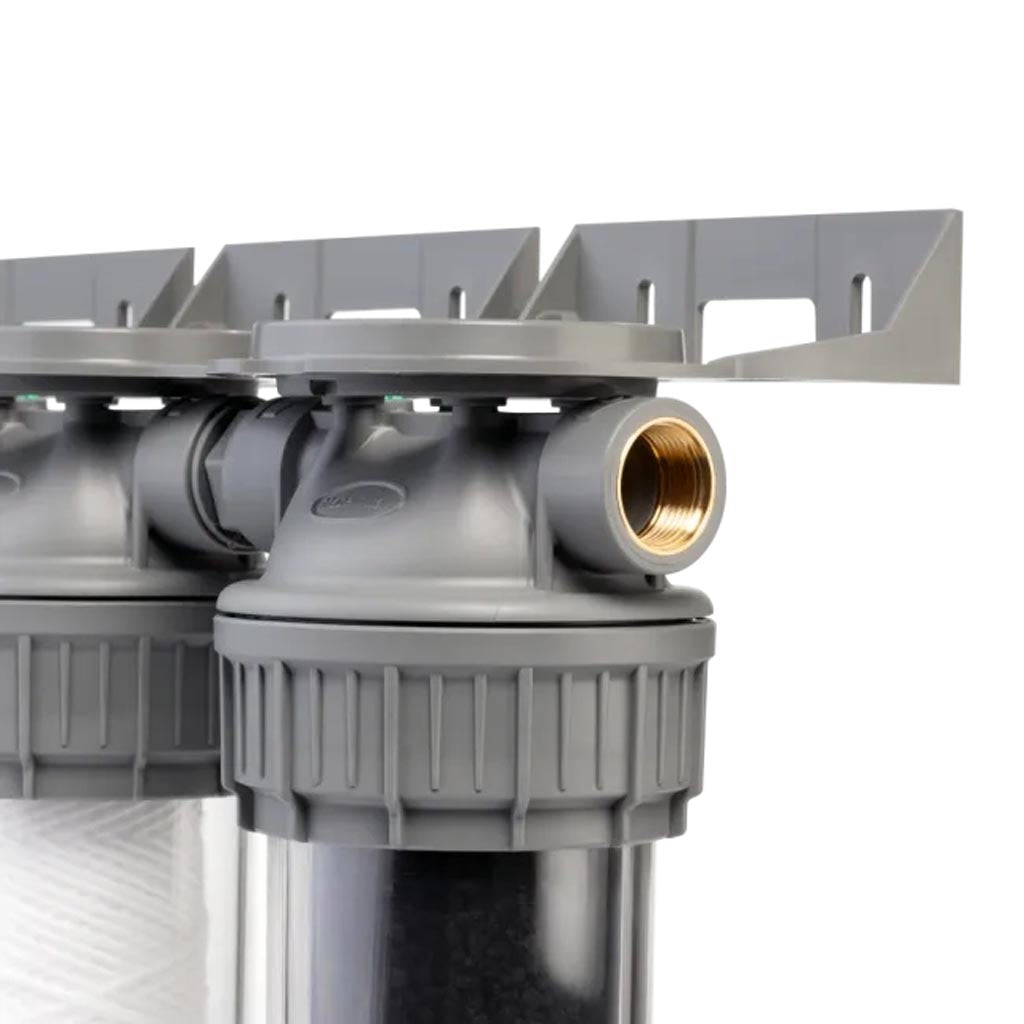 Ecosoft 3P Grey Triplex 10 inch rainwater filter with flush valve and ¾ inch brass connection