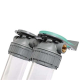 Ecosoft 3P Grey Duplex 10-inch water filter housing with brass ports and dual filtration chambers