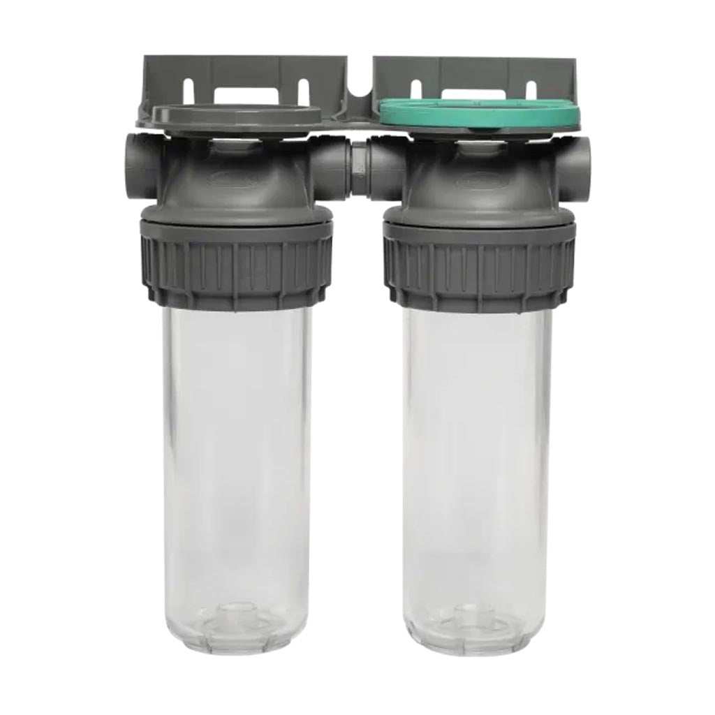 Ecosoft 3P Grey Duplex 10-inch water filter housing with brass ports and dual polyethylene bowls
