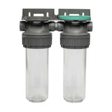 Ecosoft 3P Grey Duplex 10-inch water filter housing with brass ports and dual polyethylene bowls