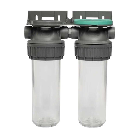 Ecosoft 3P Grey Duplex 10-inch water filter housing with brass ports and dual polyethylene bowls