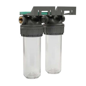 Ecosoft 3P Grey Duplex 10 inch filter housing with brass ports and dual PET bowls