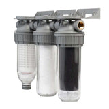 Ecosoft 3P Grey Triplex 10" rainwater filter with flush valve and ¾" brass connection.