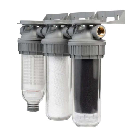 Ecosoft 3P Grey Triplex 10" rainwater filter with flush valve and ¾" brass connection.