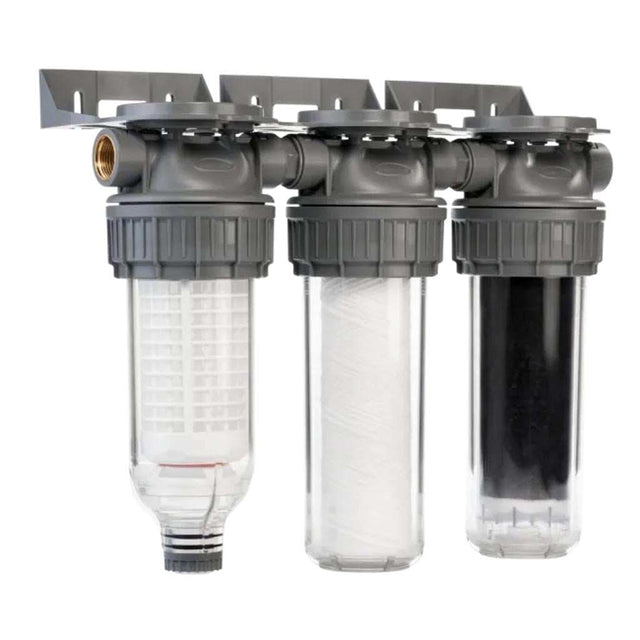 Ecosoft 3P Grey Triplex 10-inch rainwater filter with flush valve and ¾ inch brass connection for efficient rainwater filtration and conservation