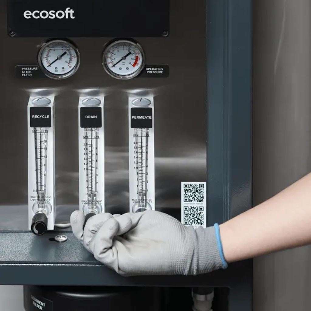 Ecosoft MO6500 Professional 4-inch industrial reverse osmosis system with Grundfos pump and OC5000 controller producing 250 LPH high-purity water