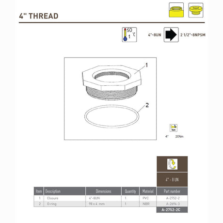 Pentair Structural Adaptor 4" by 2.5" PVC threaded with O-ring for leak-proof water treatment connections