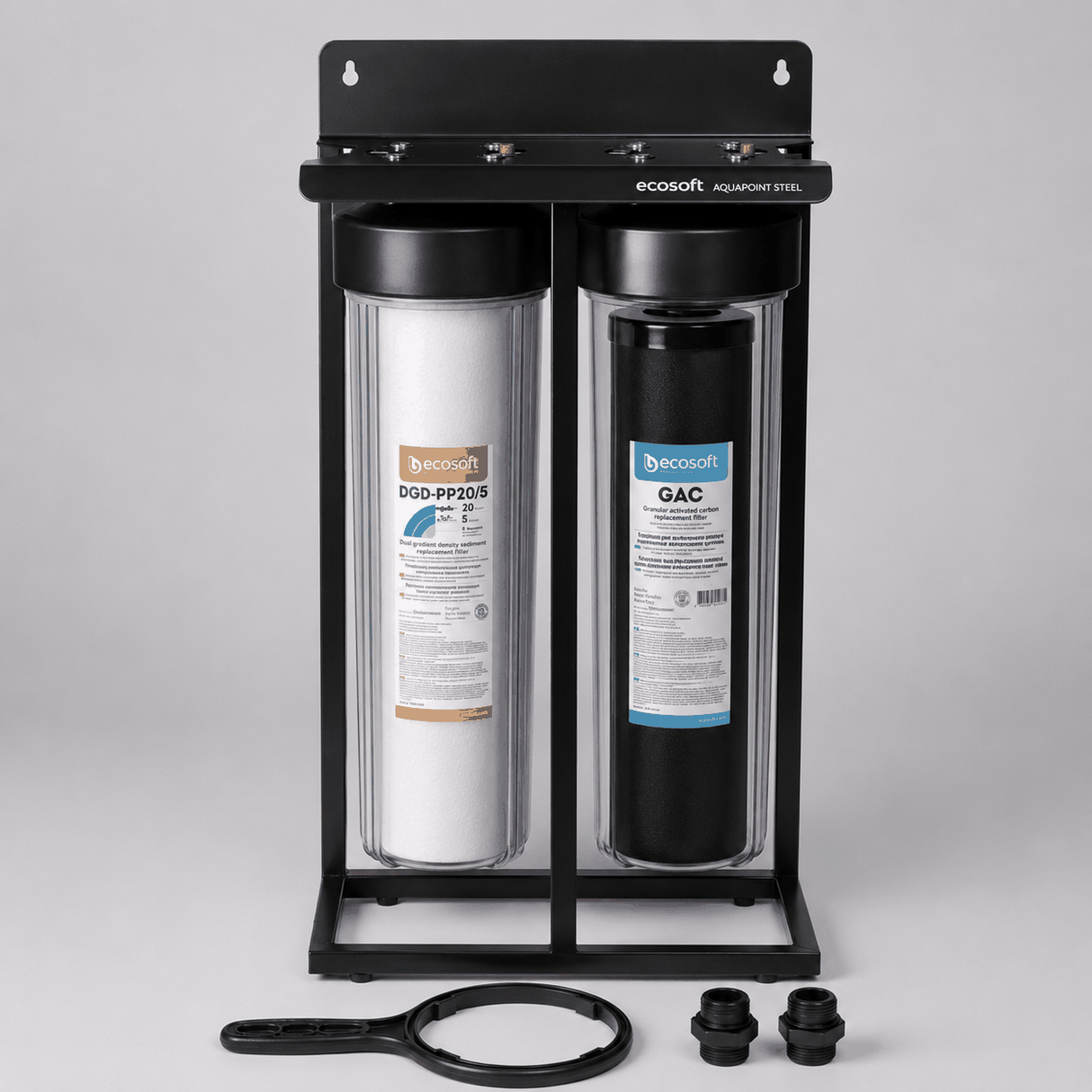 Ecosoft Aquapoint XL Duo whole house water filter with sediment and chlorine filtration system and steel mounting frame