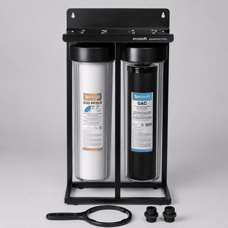 Ecosoft Aquapoint XL Duo whole house water filter with sediment and chlorine filtration system and steel mounting frame