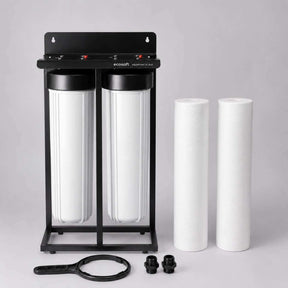 Ecosoft Aquapoint XL Duo two-stage whole house water filter with sediment filters on steel frame