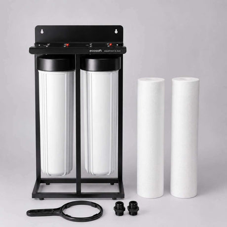 Ecosoft Aquapoint XL Duo two-stage whole house water filter with sediment filters on steel frame
