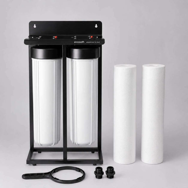 Ecosoft Aquapoint XL Duo two-stage whole house water filter with sediment filters on steel frame