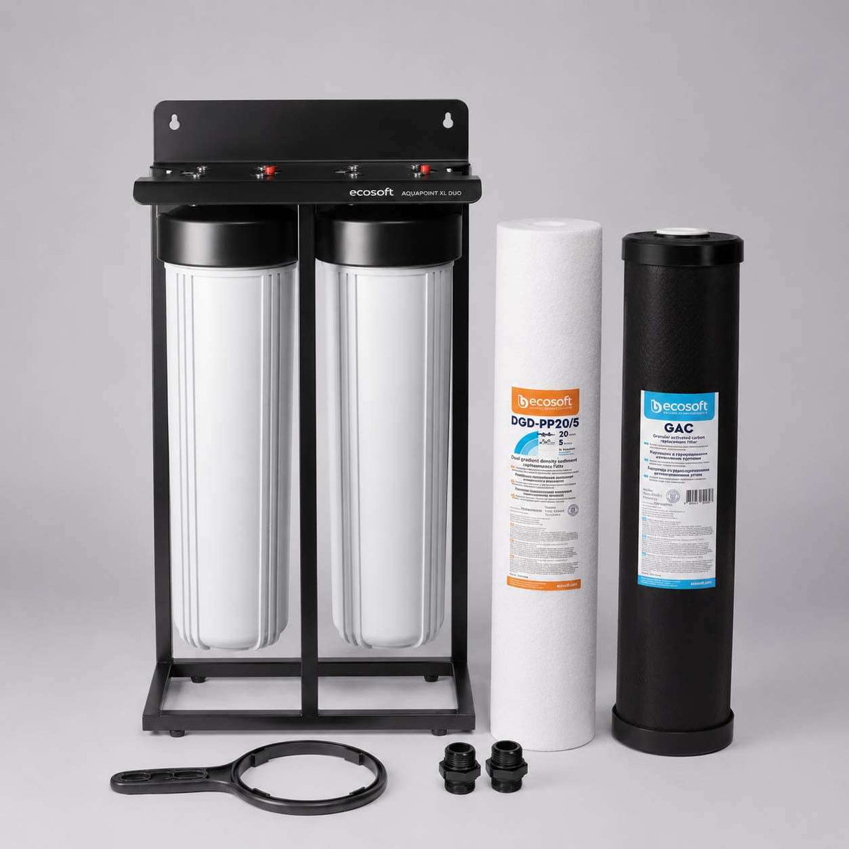 Ecosoft Aquapoint XL Duo whole house water filter with sediment and chlorine filters on steel mounting frame