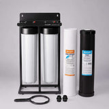 Ecosoft Aquapoint XL Duo whole house water filter with sediment and chlorine filters on steel mounting frame