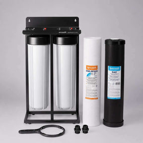 Ecosoft Aquapoint XL Duo whole house water filter with sediment and chlorine filters on steel mounting frame
