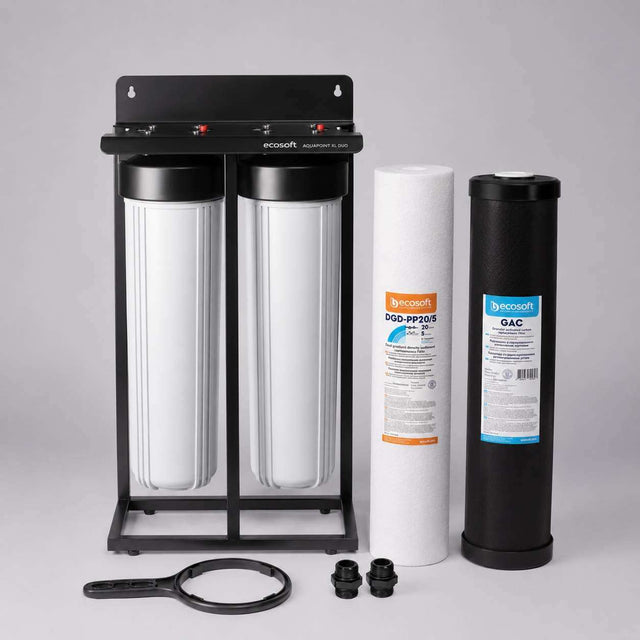 Ecosoft Aquapoint XL Duo whole house water filter with sediment and chlorine filters on steel mounting frame