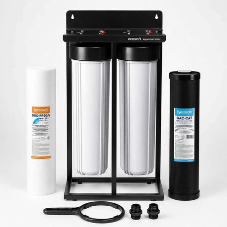 Ecosoft Aquapoint XL Duo whole house two-stage water filter system with steel housing and sediment and hydrogen sulphide cartridges