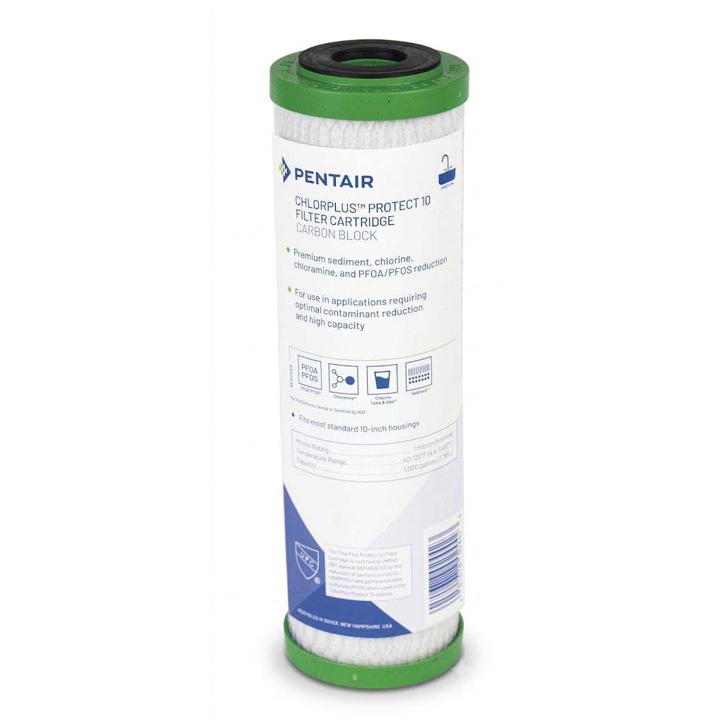 Pentair ChlorPlus Protect 10 PFAS water filtration system with carbon block technology and durable polypropylene housing