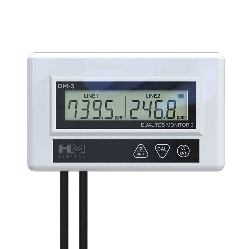  DM-3 Commercial In-Line Dual EC/TDS Monitor showing dual probe setup and backlit display for water quality measurement