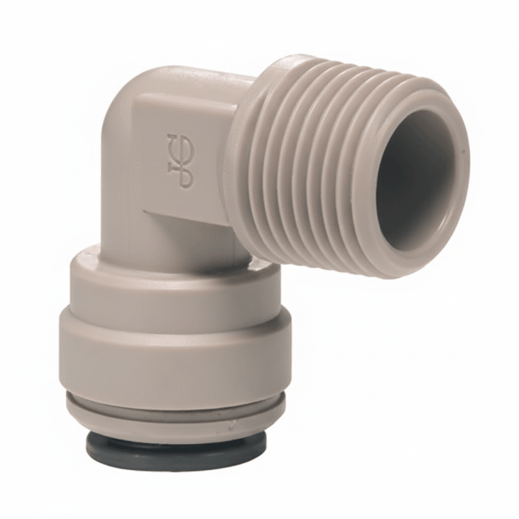 John Guest Fixed Elbow 3/8" Push Fit to 3/8" Thread plumbing fitting in 90-degree design