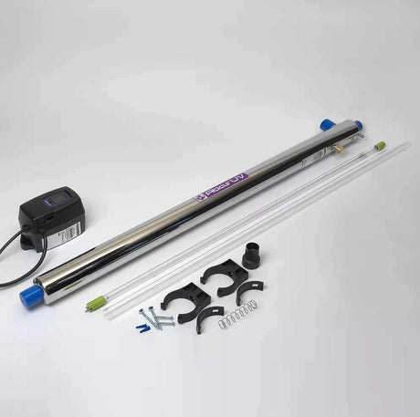 Atlas L57 UV disinfection unit with stainless steel chamber and components for 56.8 L/min flow rate.