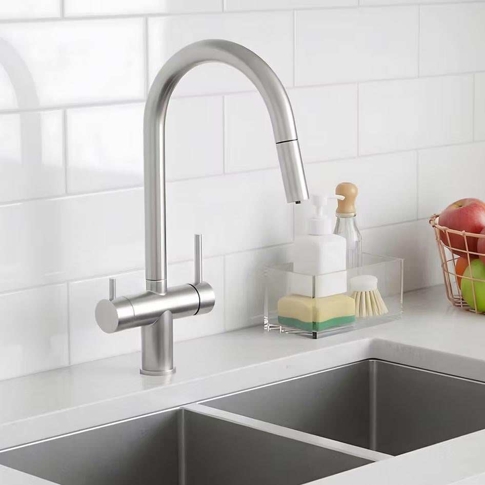 Acquapuro Roma Pull-Down Spout 3 Way Tap with two-lever stainless steel kitchen mixer for hot, cold, and filtered water supply