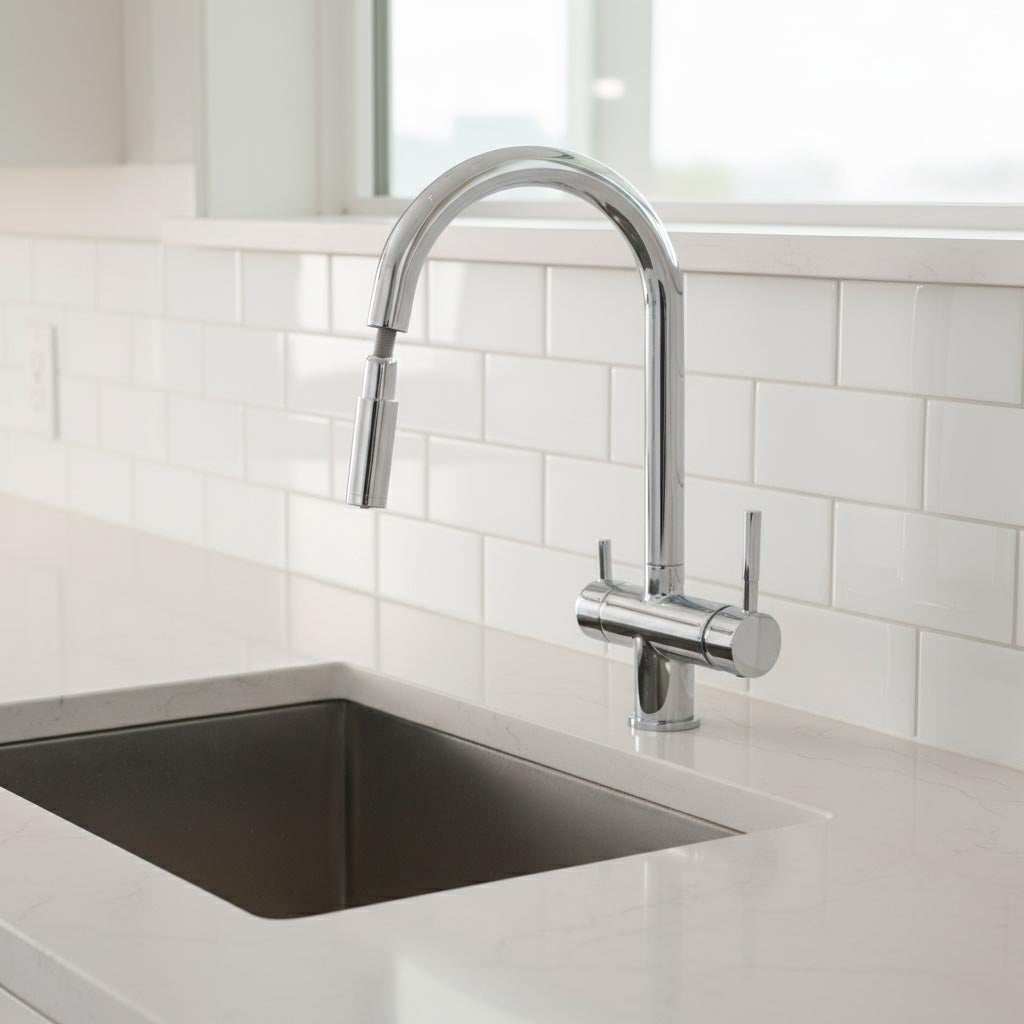 Acquapuro Roma Pull-Down Spout 3 way kitchen tap with two levers and stainless steel finish
